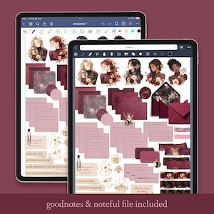 May include: Digital planner stickers and templates on two tablets. The design features illustrations of women, floral elements, and stationery in burgundy, pink, and gold. Text includes "Fall in Love" and "Autumn Whispers".