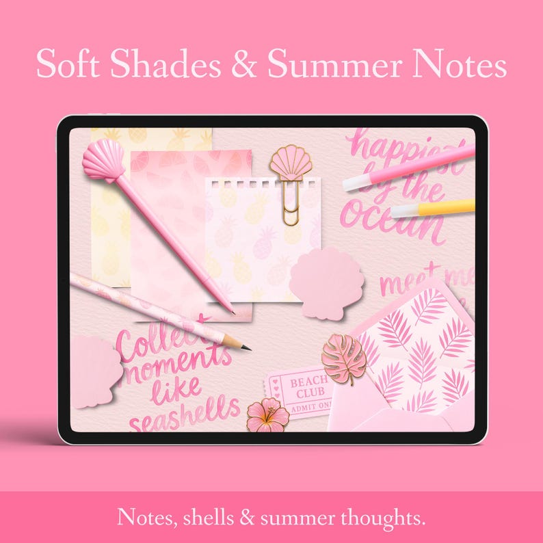Puede incluir: Una tableta digital muestra art&iacute;culos de papeler&iacute;a con un tema de verano. Los art&iacute;culos incluyen un bol&iacute;grafo de concha, l&aacute;pices, un clip, notas adhesivas y un sobre. El texto en la tableta dice "Soft Shades & Summer Notes" y "Collect moments like seashells."