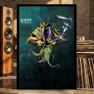 May include: A framed poster featuring a surreal aquatic creature illustration with a crab-like claw, fish-like features, and tentacles against a dark teal background. The text "ween The Mollusk" is printed in the upper left corner of the artwork.