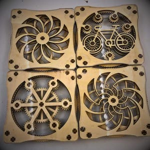 Kinetic Gear Coasters, Wood & Acrylic Coaster Set, Modern Waterproof Coasters, Thick Drink Coaster, Unique Desk or Table Decor, Housewarming