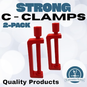 May include: Two red C-clamps with threaded rods and adjustable handles. The image includes the text "STRONG C-CLAMPS 2-PACK" in black and blue, and "Quality Products" in black. A logo for Lancaster Laser is in the bottom right corner.