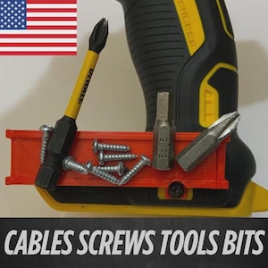 May include: A yellow and black drill bit with a red holder, screws, and other bits. The image also includes the text "CABLES SCREWS TOOLS BITS".