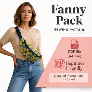 Può includere: Una donna indossa un marsupio con motivo geometrico e cinturino blu navy. Il marsupio è giallo, verde e blu. L'immagine include il testo "Fanny Pack Sewing Pattern" e "Beginner Friendly".