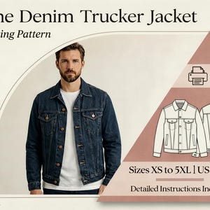 May include: A denim trucker jacket sewing pattern. The image shows a man wearing a dark blue denim jacket. The pattern includes sizes XS to 5XL, US sizes 35-50, and detailed instructions. The pattern is for US Letter and AO-A4 paper.