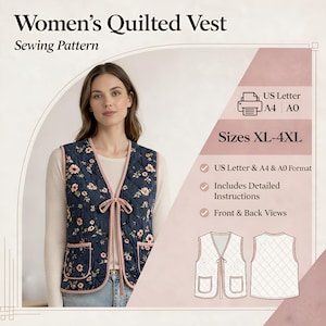 Quilted Vest Sewing Pattern for Women | Plus Size PDF XL-4XL | Front Tie Waistcoat Pattern | Digital Download A4 US Letter A0