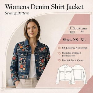 Op de afbeelding: Een patroon voor een denim shirtjack met bloemenborduurwerk. Het patroon bevat maten XS-XL, US Letter & A4 formaat, gedetailleerde instructies en voor- en achteraanzichten. Het model draagt de jas.
