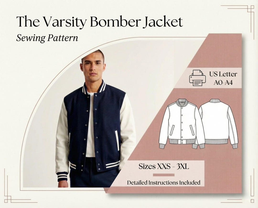 Varsity Bomber Jacket Sewing Pattern PDF | Unisex Baseball Letterman ...