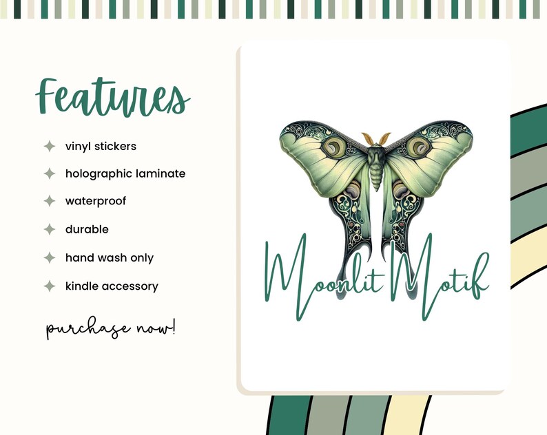 Pode incluir: Adesivo de vinil verde e branco com uma ilustra&ccedil;&atilde;o detalhada de uma mariposa com o texto "Moonlit Motif". O adesivo &eacute; &agrave; prova d'&aacute;gua, dur&aacute;vel e lav&aacute;vel &agrave; m&atilde;o. &Eacute; um acess&oacute;rio para Kindle.