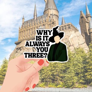 May include: A sticker with the text "WHY IS IT ALWAYS YOU THREE?" and an illustration of a character in a black hat and green robe. The background shows a castle and trees.