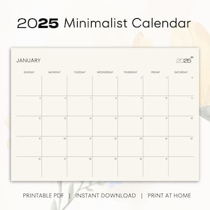 2025 Calendar, Monthly Planner Landscape Minimalist Monthly Calendar Sunday & Monday Start 2025 A4, Digital Size Wall Calendar Printable PDF