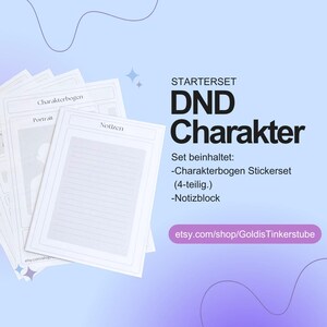 Könnte beinhalten: Ein Stapel weißer Charakterbögen mit den Wörtern "Charakterbogen", "Portrait" und "Notizen" darauf. Das Bild enthält auch den Text "STARTERSET DND Charakter" und "etsy.com/shop/GoldisTinkerstube".