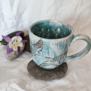 Handmade Ceramic Mug with Birds – Blue and White Sky Glaze – Unique Pottery Coffee Cup – Nature Lover Gift – Carved Bird Design