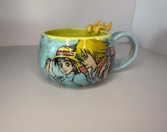 Hand-Painted Howl's Moving Castle Mug with Calcifer Figure – Anime Ceramic Cup