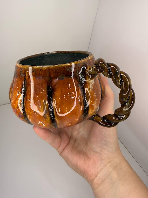 Handmade Pumpkin Ceramic Mug - Twisted Vine Handle Pottery - Burnt Orange Fall Coffee Cup - Autumn Harvest & Halloween Cottagecore Gift