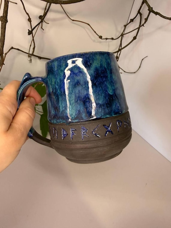 Handmade Runic Ceramic Mug - Elder Futhark Rune Potion Artifact Pottery - Cosmic Aurora Glaze Coffee Cup - Viking Fantasy Gamer Gift