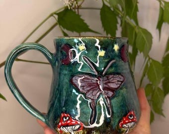 Handmade Luna Moth Ceramic Mug - Sculpted Mushroom Pottery - Celestial Night Sky Coffee Cup - Whimsical Cottagecore Forest Gift