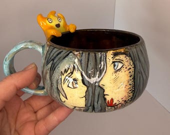 Handmade Howl's Moving Castle Ceramic Mug with Calcifer Figure - Sophie and Howl Anime Pottery - Studio Ghibli Inspired Coffee Cup
