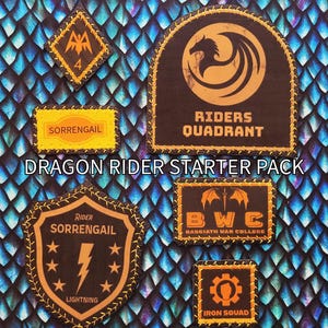 May include: A collection of embroidered patches with various designs and text, including "Dragon Rider Starter Pack." The patches feature a dragon, lightning bolt, and other symbols, with text like "Riders Quadrant" and "Iron Squad."