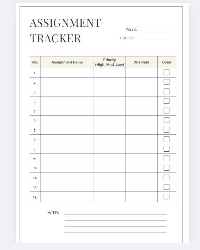 Student Assignment Tracker Printable | Weekly Homework Planner PDF ...