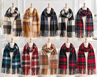 100% Wool Scarf with Tassels Tartan Plaid Winter Stoles and Shawl