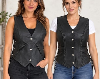 Women's Motorcycle Fashion Soft Analin Leather Waistcoat  Braided Retro design Side Laces
