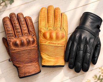 Retro Motorcycle Leather Gloves Vintage Old Classic Chopper Bobber Garage