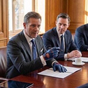 May include: A business meeting is in progress, with several people seated around a wooden table. One person is wearing blue leather driving gloves with red and white accents. The person is holding a pen and pointing at a document.