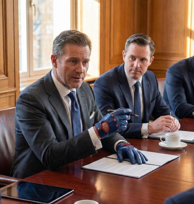 May include: A business meeting is in progress, with several people seated around a wooden table. One person is wearing blue leather driving gloves with red and white accents. The person is holding a pen and pointing at a document.