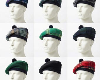 Hat Tam o Shanter Scottish Bonnet with Pompom Tammy Tartan Beret Cap