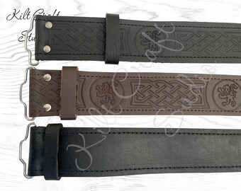 Leather Kilt Belt Scottish Highland Dress Cowhide with Embossed Celtic Emblem