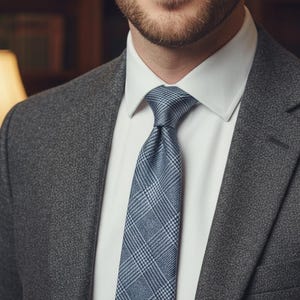Puede incluir: Una camisa de vestir blanca impecable combinada con un blazer gris carb&oacute;n texturizado y una corbata azul y blanca con estampado de cuadros galeses. La corbata presenta un patr&oacute;n cl&aacute;sico, mientras que el blazer tiene un aspecto jaspeado.