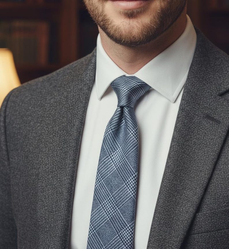 Puede incluir: Una camisa de vestir blanca impecable combinada con un blazer gris carb&oacute;n texturizado y una corbata azul y blanca con estampado de cuadros galeses. La corbata presenta un patr&oacute;n cl&aacute;sico, mientras que el blazer tiene un aspecto jaspeado.