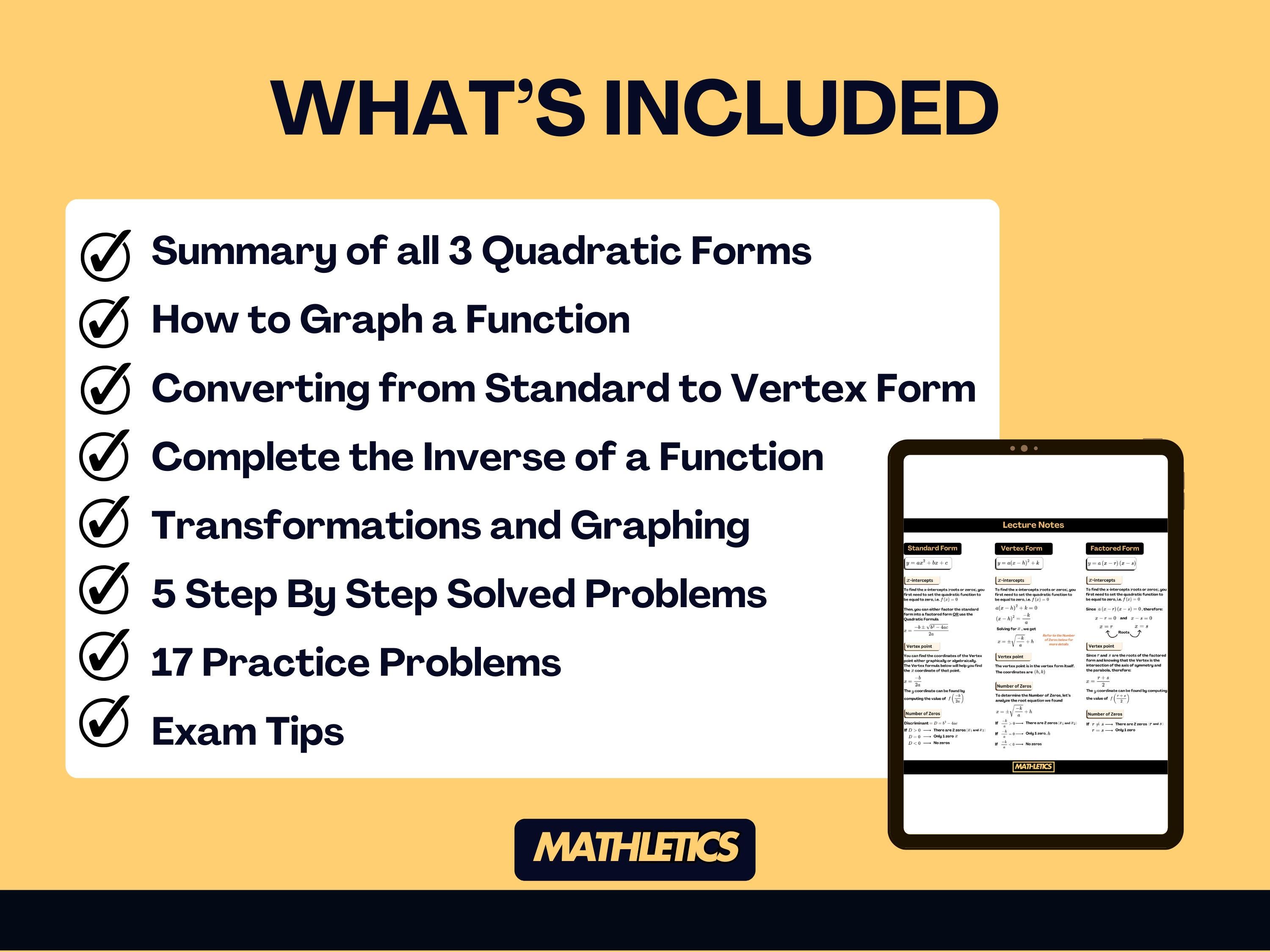 Quadratic Functions Cheat Sheet | Parabola Chart & Formula Guide ...