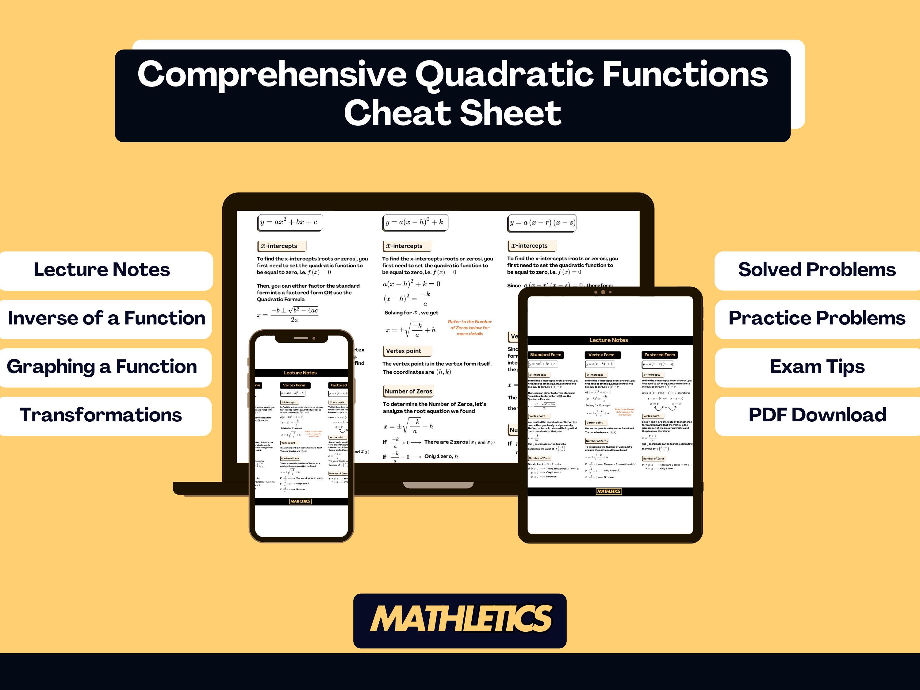 Quadratic Functions Cheat Sheet | Parabola Chart & Formula Guide ...