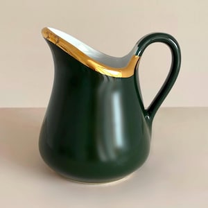 Green PETITE Creamer with Gold Trim. French Bistro Collectible White Porcelain. Vintage Pillivuyt France. Please Read Description!