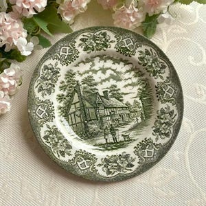 May include: A green and white ceramic plate with a detailed landscape scene. The plate features a decorative floral border and a central image of a house and figures. The plate is round and has a scalloped edge.