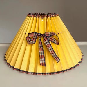 Plaid Ribbon and Trim. Bright Yellow Fabric Lamp Shade with Clip on Frame. Nordic Pleated "Plisse". Superficial Staining. Please See Photos!