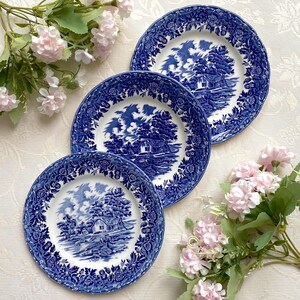 May include: Three round ceramic plates featuring a blue and white transferware pattern. Each plate displays a detailed landscape scene with a cottage, trees, and clouds, surrounded by a wide border of intricate floral and leaf motifs.