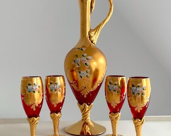 SET OF 5 Ruby Red Gold Murano Liquor Glass. Hand Painted Pansy Flower. 4 Footed Cordial Glasses 75 ml (2.5 oz) and Decanter 600 ml (20.3 oz)
