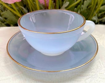Pastel Blue Arcopal France 100 ml (3.5 oz) Demitasse Cup and Saucer Set, Gold Trim. French Vintage Opaline Glass. Tiny Superficial Scratches