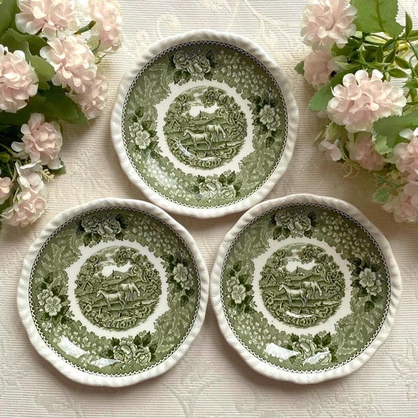 Price is for 1 Saucer. Adams Wedgwood Ironstone Green and Off White English Scenic Vintage 15 cm Diameter Large Saucer. May have Crazing!
