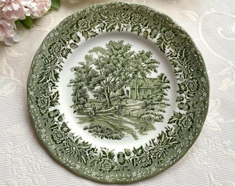 Plato hondo verde de 20 cm de diámetro, estilo rústico, W. H. Grindley and Co., Staffordshire, Inglaterra. Loza inglesa vintage de color blanco roto. ¡Descolorida!