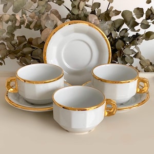 Price is for 1 Cup and 1 Saucer. Extremely Rare White Porcelain with Gold Trim French Bistro Extra Large Cup and Saucer Set Pillivuyt France