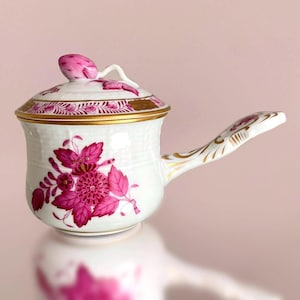 Herend Hungary Raspberry Pink 100 ml (3.5 oz) Lidded Chocolate Pot. Hand Painted Apponyi Pattern. Chinese Bouquet, Gold Trim, Rose Knob Lid