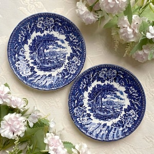 El precio es por 1 platillo. Platillo azul oscuro Ironstone de 13 cm de diámetro, de H. Aymsley & Co., herencia de Inglaterra. Fajance vintage en blanco roto. ¡Impresionante!
