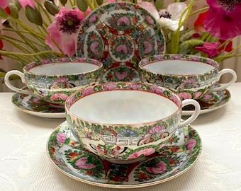 Price is for 1 Cup and 1 Saucer. Rare Large Cup and Saucer Set 200 ml (6.8 oz). Rose Medallion Adorable Hand Painted Birds and Butterflies