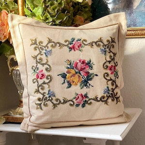 Romantic Handmade Embroidered Red Pink and Yellow Rococo Rose Motive on Vintage Pillow with Zipper. Needlepoint Cross Stitch. Has Staining!