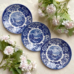 El precio es por un platillo. Platillo de 14 cm de diámetro, con motivo de cardo. Lagos de Escocia, Enoch Wedgwood, Tunstall, Inglaterra. Azul y blanco roto.