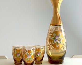 SET OF 4 Honey Amber Murano Liquor Glass. Hand Painted Flower, Genuine Gold. 3 Cordial Glasses 50 ml (1.7 oz) and Decanter 450 ml (15.2 oz)