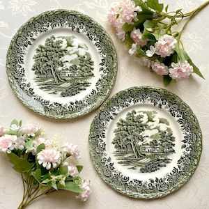 Precio por 1 plato. Plato llano de 23 cm de diámetro, estilo rústico, W. H. Grindley and Co., Staffordshire, Inglaterra. Verde, blanco roto. Muy raro.